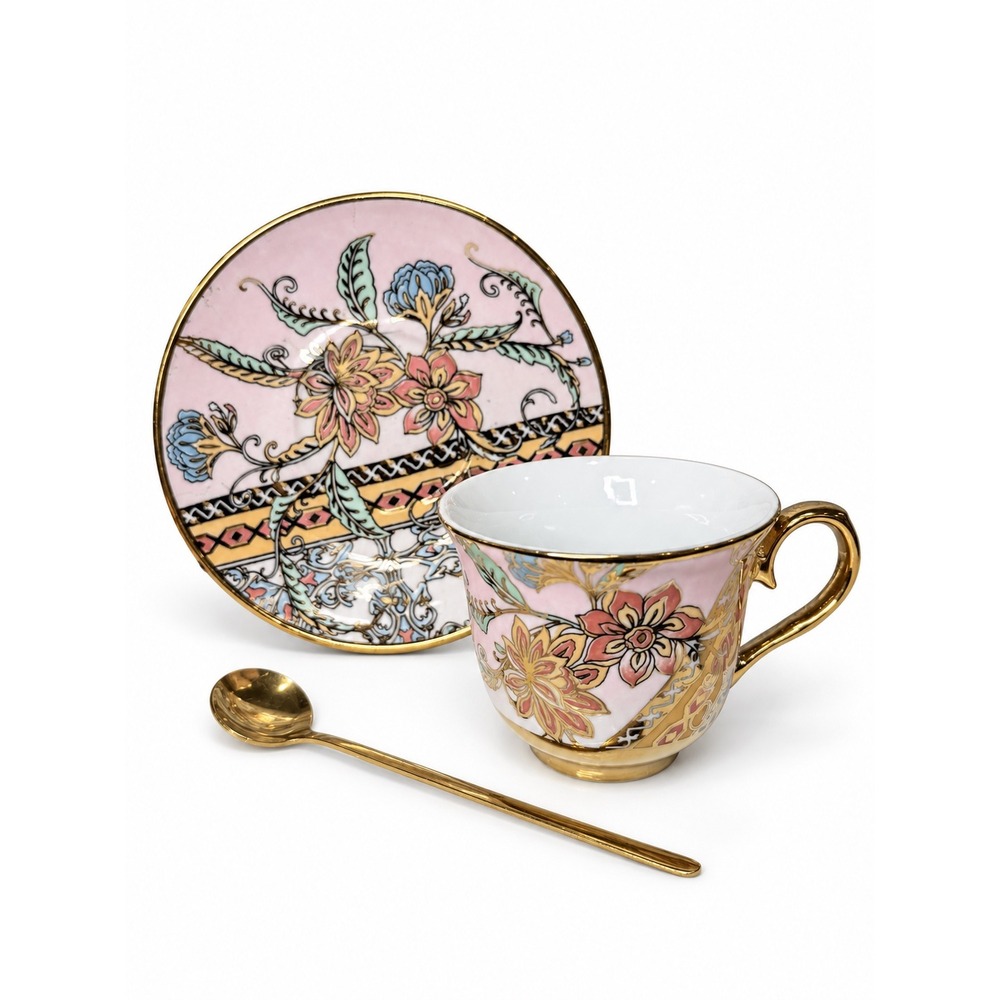 Vintage Pink Floral Tea Set Gold Rim Cup Saucer and Spoon 3 Piece Set
